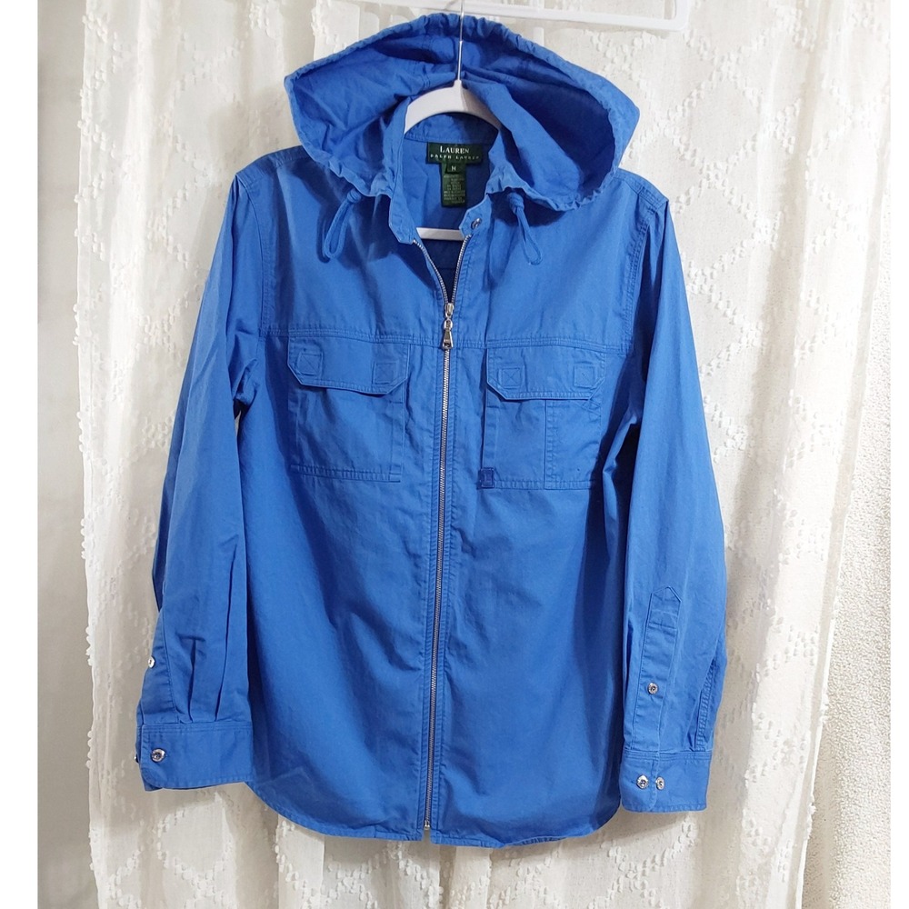 Lauren Ralph Lauren Blue Cotton Utility Jacket Hooded Full Zip Women Medium